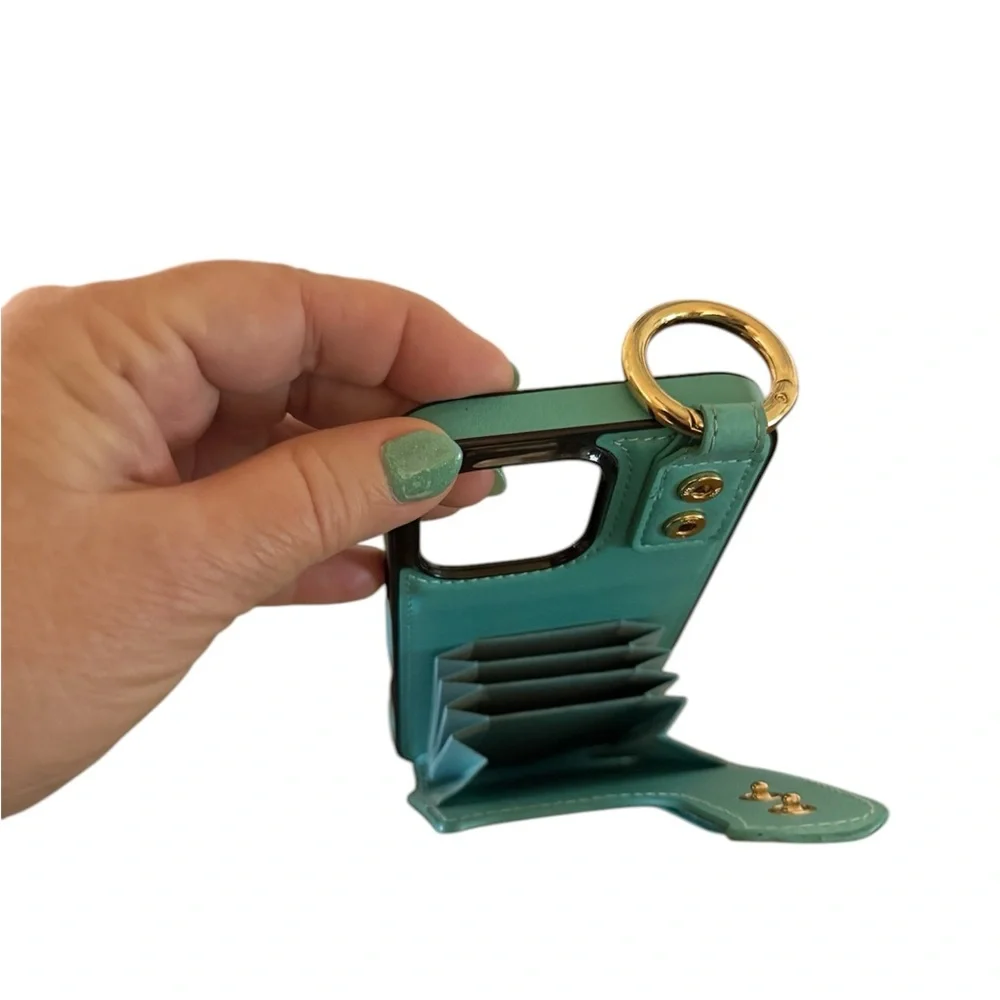 Teal Leather 16 Pro Max Phone Case with Gold Accents
